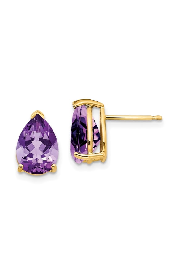 Fine Jewelry 14K Yellow Gold Pear-shaped Amethyst Stud Earrings for Women (L- 0.48 inch, W- 0.28 inch)