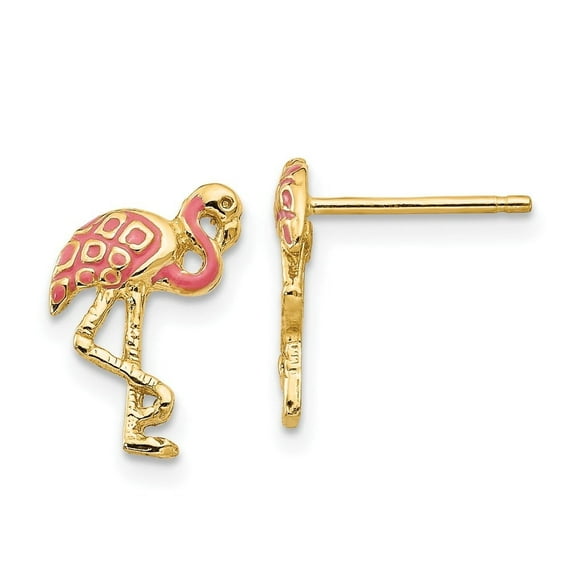 Auriga Fine Jewelry 14K Yellow Gold Pink Enameled Flamingo Stud Earrings for Women (L- 13mm, W- 9mm)