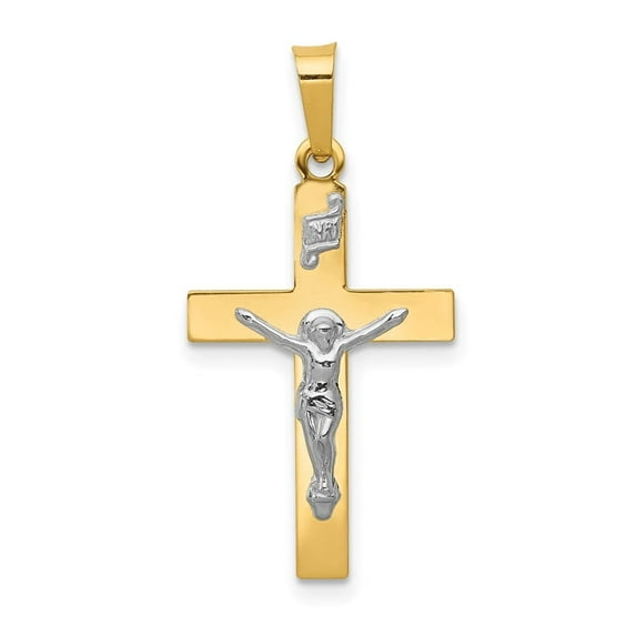 Auriga Fine Jewelry 14K Yellow Gold w/Rhodium Polished Inri Crucifix Cross Pendant for Women (L-27mm, W-14mm)