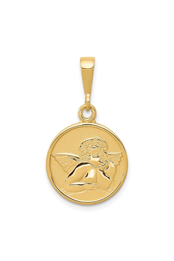 Fine Jewelry 14K Yellow Gold Polished and Satin Raphael Angel Pendant for Women (L-29 mm,W-16 mm)