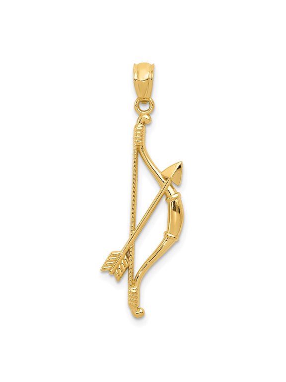 Fine Jewelry 14K Yellow Gold Polished and Textured Bow and Arrow Pendant for Women