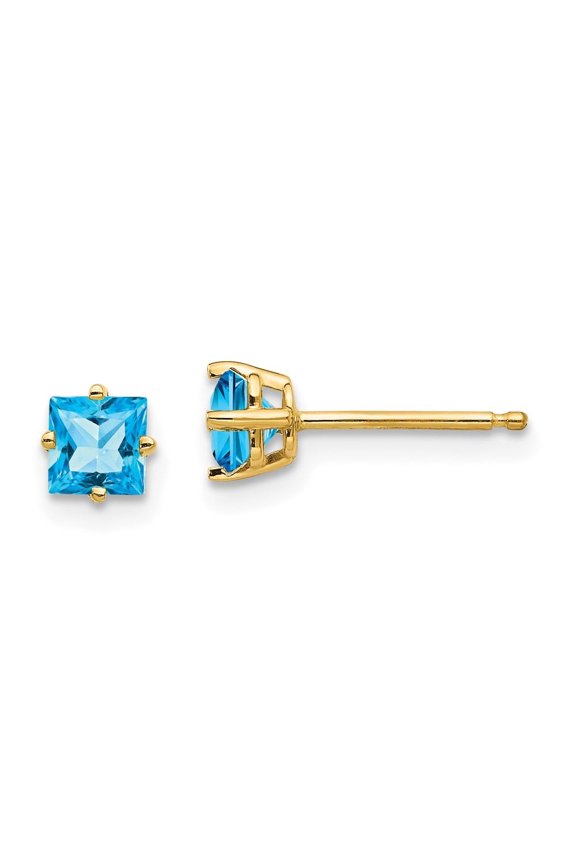 Mother's Day Gift 14K Yellow Gold Princess-cut Blue Topaz Stud Earrings for Women