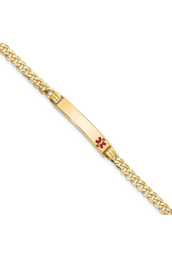 Fine Jewelry 14K Yellow Gold Red Enamel Curb Link Id Bracelet 7 inch for Women (L- 7inch, W- 5.5mm)