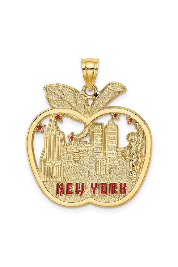 Fine Jewelry 14K Yellow Gold Red Enamel NEW YORK Apple w/NY Skyline Charm for Women