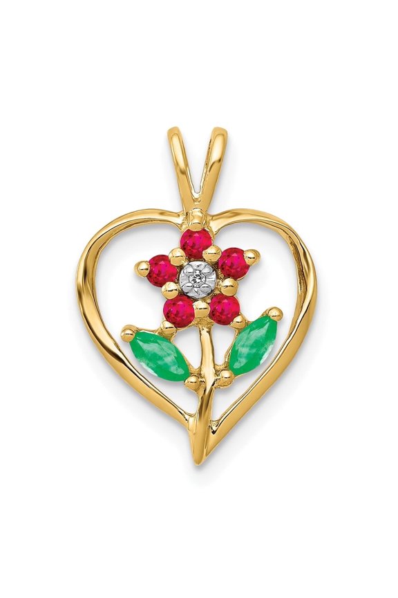 Fine Jewelry 14K Yellow Gold Siam Ruby/Emerald/Diamond Flower in Heart Pendant Valentine's Day Gift for Women