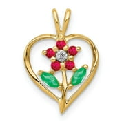 Auriga Fine Jewelry 14K Yellow Gold Siam Ruby/Emerald/Diamond Flower in Heart Pendant for Women