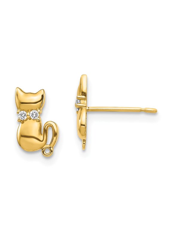 Fine Jewelry 14K Yellow Gold Sitting Cat CZ Bowtie Stud Earrings for Women (L- 7.8mm, W- 5.7mm)