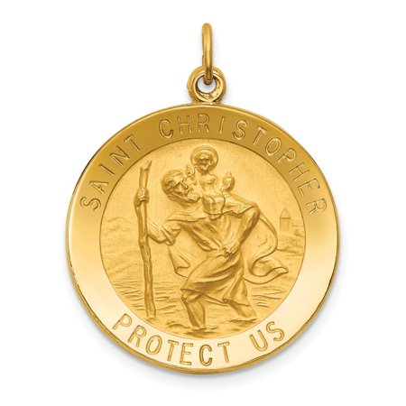Auriga Fine Jewelry 14K Yellow Gold Solid Satin Medium Round St. Christopher Medal Pendant (L-30mm, W-23.5mm)