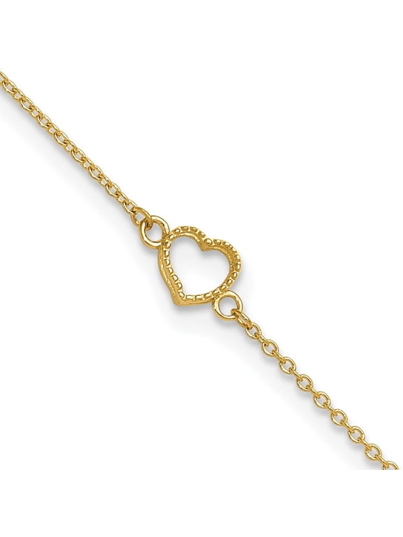 Fine Jewelry 14K Yellow Gold Textured and Heart Anklet 10inch for Women
