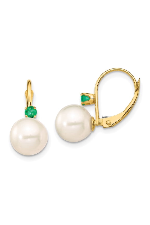 Fine Jewelry 14K Yellow Gold White Round FWC Pearl Emerald Drop Earrings for Women (L- 0.8 inch, W- 0.34 inch)