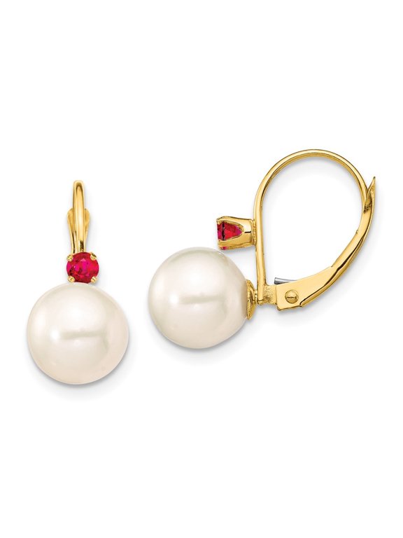 Fine Jewelry 14K Yellow Gold White Round FWC Pearl Ruby Drop Earrings for Women (L- 0.76 inch, W- 0.34 inch)