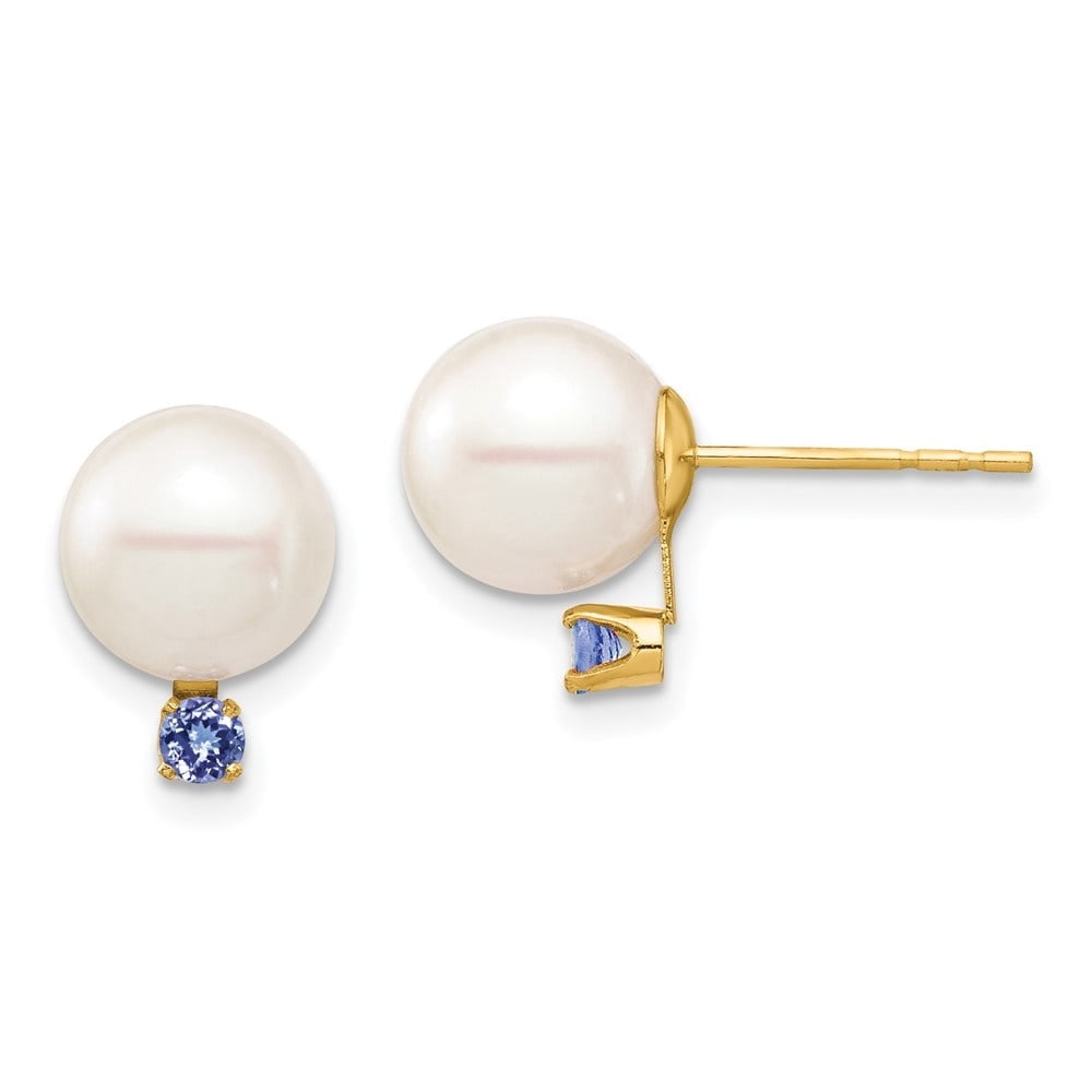 Auriga Fine Jewelry 14K Yellow Gold White Round Freshwater Cultured Pearl Tanzanite Stud Earrings for Women (L- 0.44 inch, W- 0.34 inch)