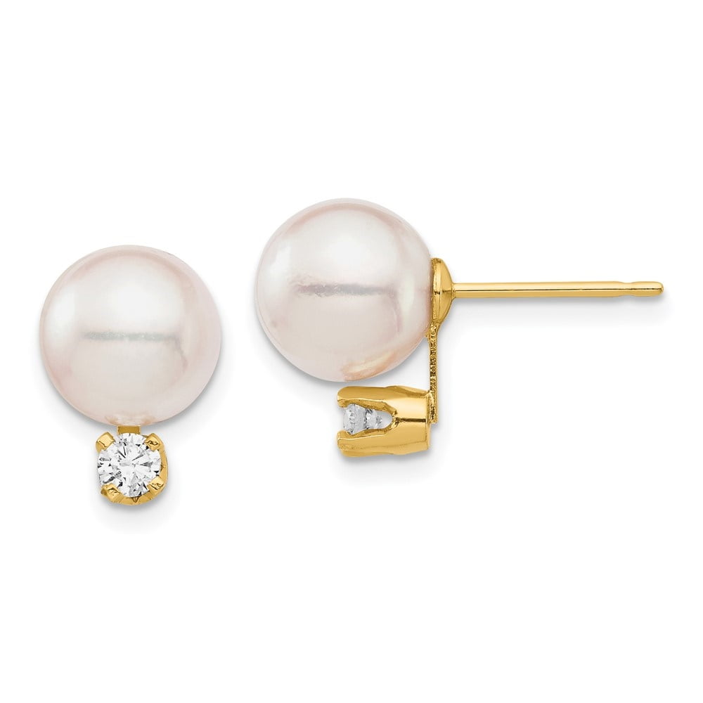 AURIGA Fine Jewelry 14K Yellow Gold White Round Saltwater Akoya Cultured Pearl Diamond Stud Earrings for Women (L- 0.36 inch, W- 0.36 inch)