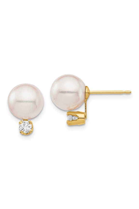 Fine Jewelry 14K Yellow Gold White Round Saltwater Akoya Cultured Pearl Diamond Stud Earrings for Women (L- 0.36 inch, W- 0.36 inch)