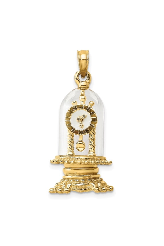 Fine Jewelry 14K Yellow Gold w/ Enamel 3-D Moveable Clock In Glass Dome Charm for Women