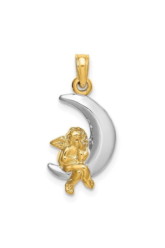 Fine Jewelry 14K Yellow Gold w/Rhodium 3-D Angel on Moon Charm for Women (L - 21.8 mm, W - 10.2 mm)