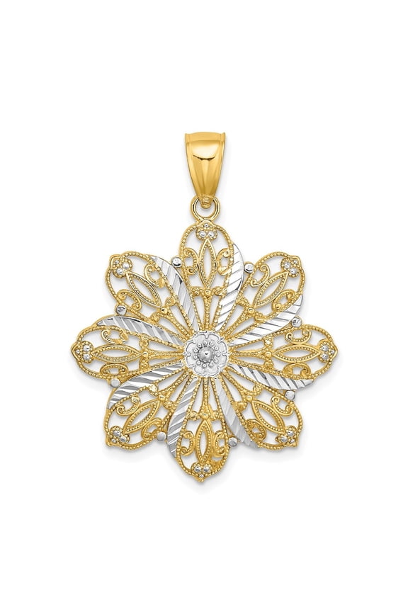Fine Jewelry 14K Yellow Gold w/ Rhodium D/C Flower Charm for Women (L - 32.5 mm, W - 26.5 mm)