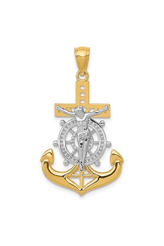 Fine Jewelry 14K Yellow Gold w/Rhodium Mariners Crucifix Cross Pendant (L - 25.5mm, W - 19mm)