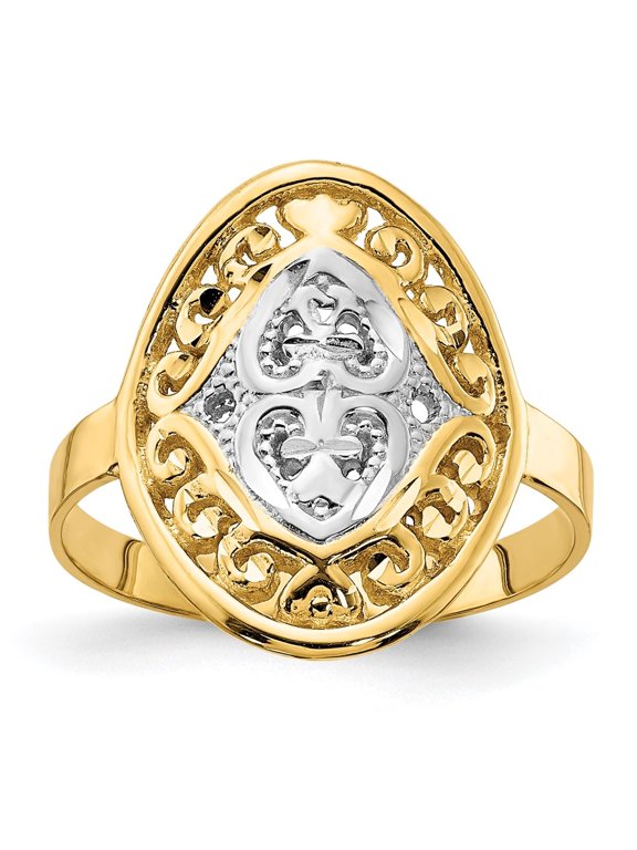 Fine Jewelry 14K Yellow Gold with Rhodium Oval Shield and Hearts Ring Size 7for Women