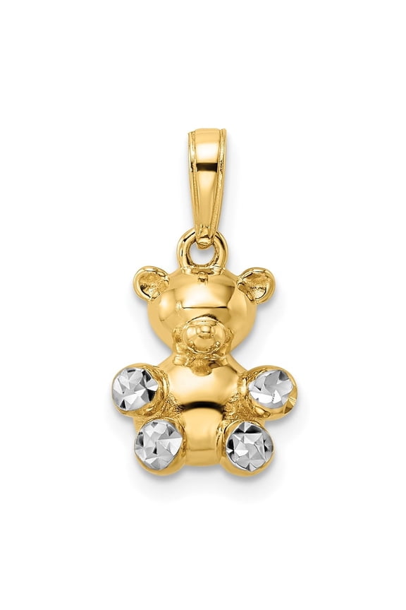 Fine Jewelry 14K Yellow Gold w/ White Rhodium 3D Diamond-cut Teddy Bear Pendant (L-18.85 mm, W-10.13 mm)
