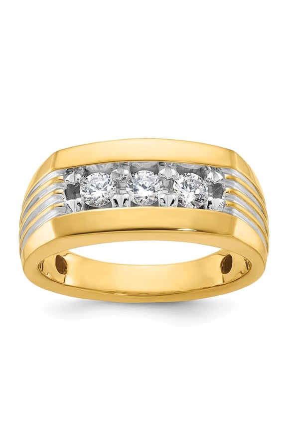 Fine Jewelry 14k Yellow Gold Rh-plated Men's and Grooved 3-Stone 1/2 Carat Diamond Ring Size 10