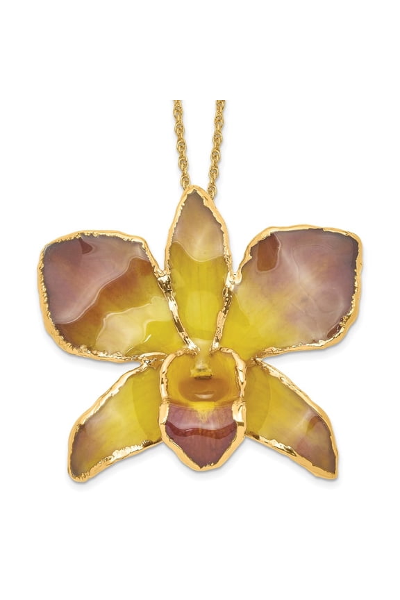 24K Gold-trim Lacquer Dipped Purple and Yellow Real Dendrobium Orchid Necklace for Women 20"