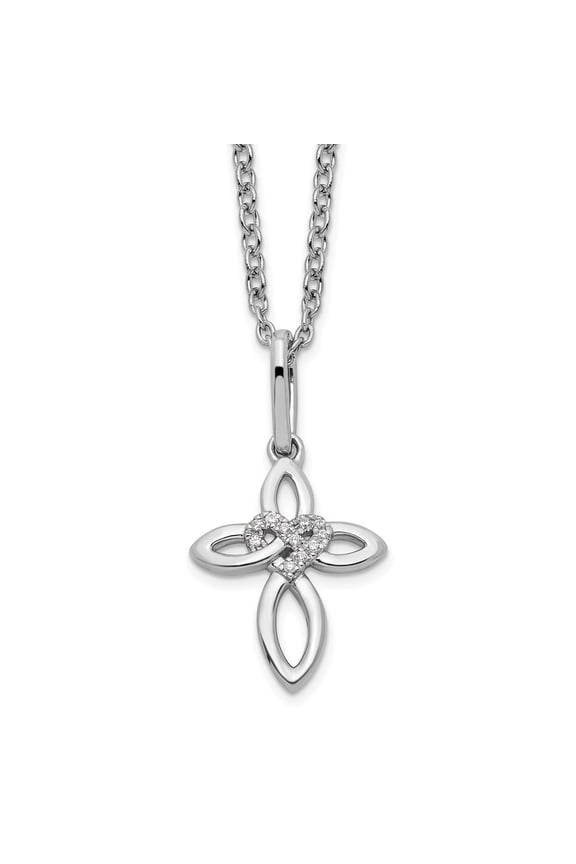 925 Sterling Silver 0.8 mm Rh-plated Diamond Cross with Heart Necklace 20" for Women