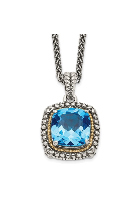 Fine Jewelry 925 Sterling Silver 1 mm with 14K Accent Antiqued Cushion Light Swiss Blue Topaz Necklace for Women 18"