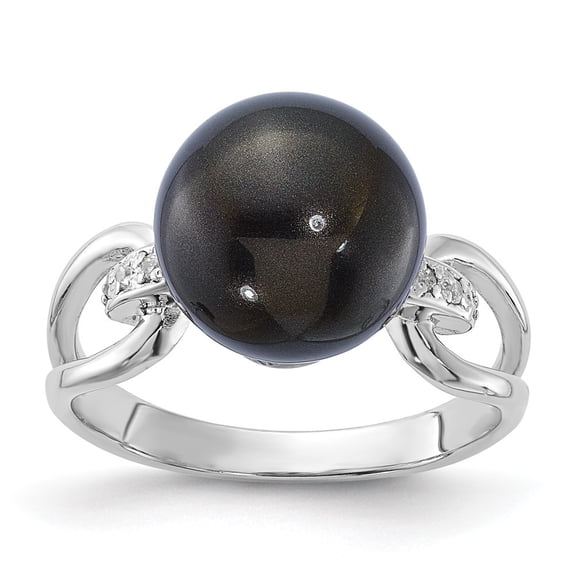 Auriga Fine Jewelry 925 Sterling Silver 11 mm Black Pearl and Cubic Zirconia Engagement Ring Size 7 for Women