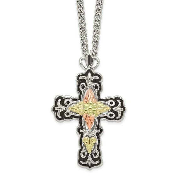 Auriga 925 Sterling Silver 12K Gold Accents Antiqued Cross Spring Ring Clasp Necklace for Men 20"