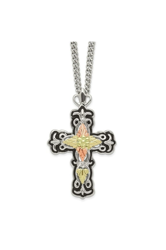 925 Sterling Silver 12K Gold Accents Antiqued Cross Spring Ring Clasp Necklace for Men 20"