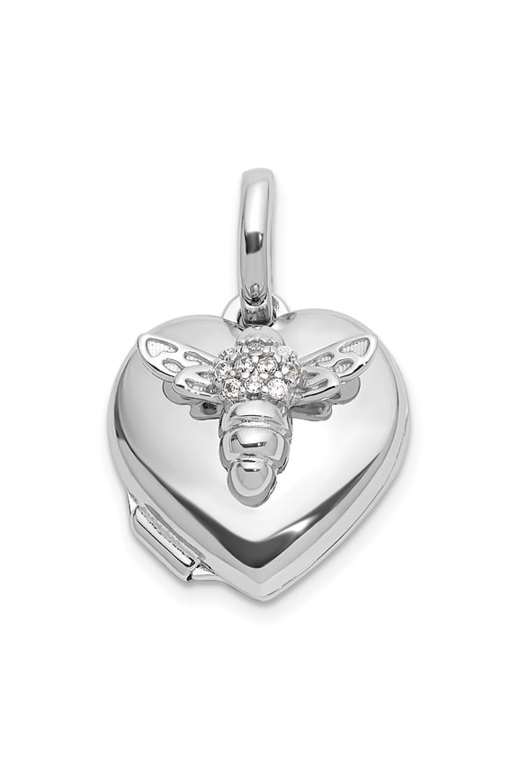 Fine Jewelry 925 Sterling Silver 12mm CZ Bee Heart Locket (L- 17.9mm, W- 12.1mm) for Women
