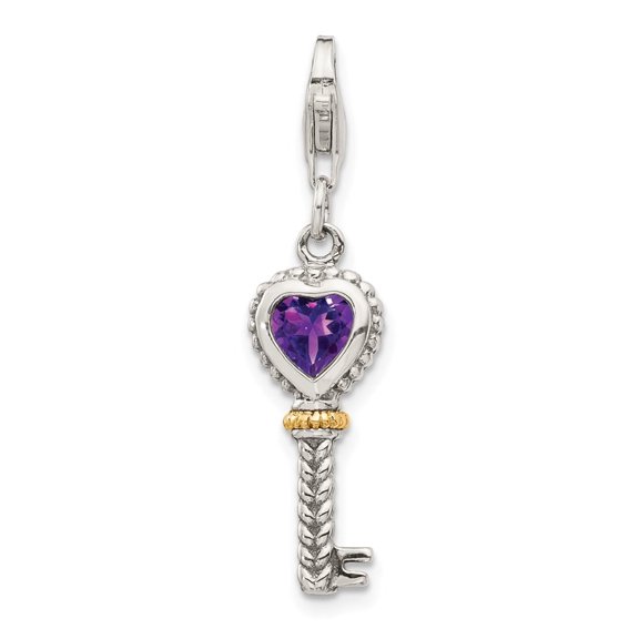 Auriga Fine Jewelry 925 Sterling Silver with 14K Accent Antiqued Heart Amethyst Antiqued Key with Lobster Clasp Charm for Women (L - 1.58 inch, W - 8 inch)