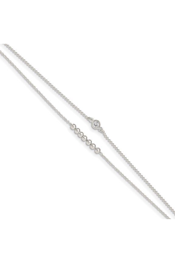Fine Jewelry 925 Sterling Silver 2-Strand Beaded CZ 9inch Plus 1in Ext. Anklet for Women