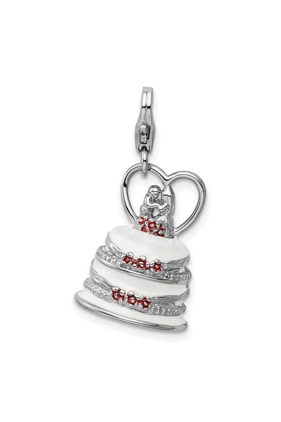 Fine Jewelry 925 Sterling Silver 3-D Enameled Wedding Cake Charm w Lobster Clasp for Women (L - 37 mm, W - 15 mm)