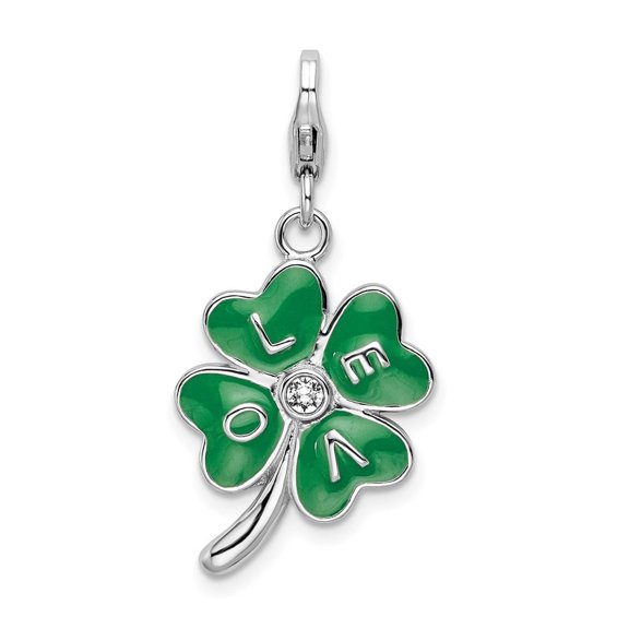Auriga Fine Jewelry 925 Sterling Silver 3-D Green Enameled 4 Leaf Clover and Clear Crystal LOVE Charm for Women