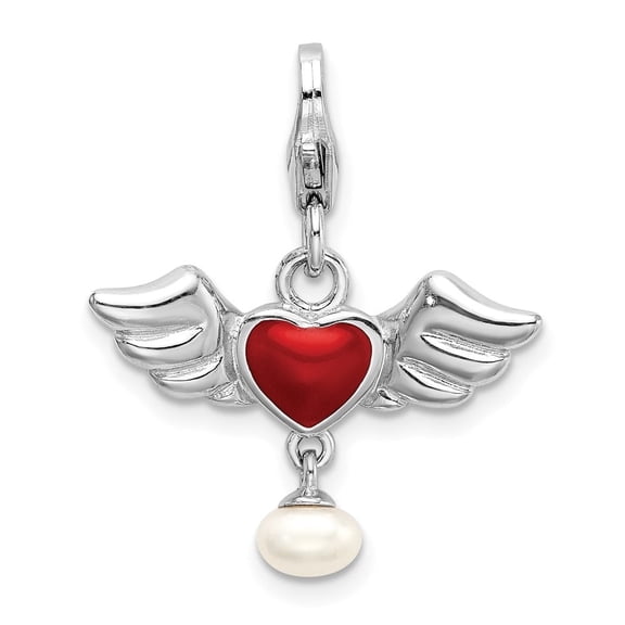 Auriga Fine Jewelry 925 Sterling Silver 3-D Winged Enamelled Red Heart and FWC Pearl Dangle Charm Pendant Valentine's Day Gift for Women
