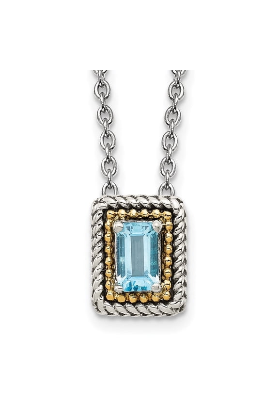 Fine Jewelry 925 Sterling Silver 3 mm with 14K Accent Emerald-cut Antiqued Light Swiss Blue Topaz Necklace for Women 18"