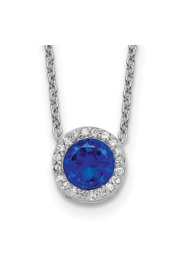 Fine Jewelry 925 Sterling Silver 6.5 mm Rh-plated Lab Created Dark Blue Spinel and White CZ Round Halo Chain Necklace for Women 18.25"