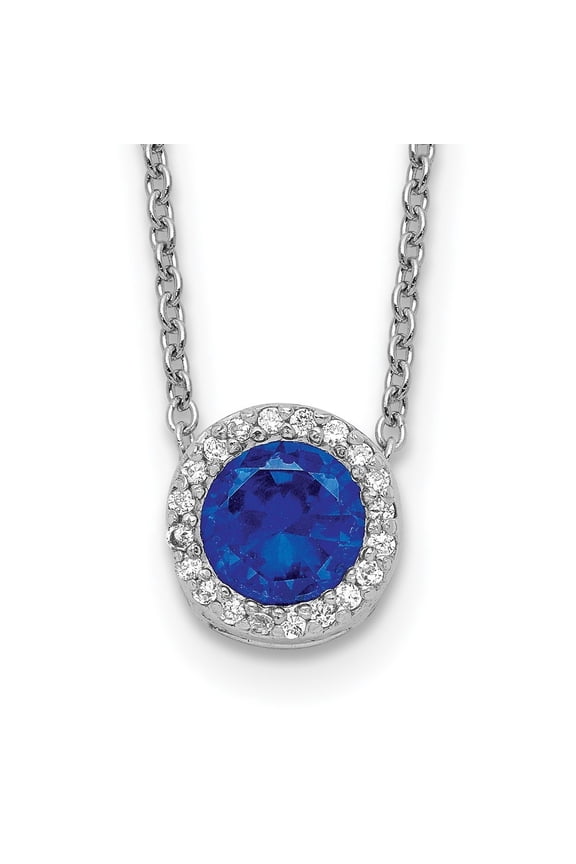 Fine Jewelry 925 Sterling Silver 6.5 mm Rh-plated Lab Created Dark Blue Spinel and White CZ Round Halo Chain Necklace for Women 18.25"