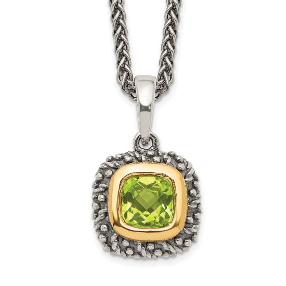 Auriga Fine Jewelry 925 Sterling Silver 6 mm with 14K Accent Antiqued Cushion Bezel Peridot Necklace for Women 18"