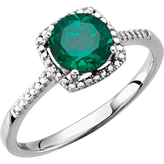 Auriga Fine Jewelry 925 Sterling Silver 7 mm Lab-Grown Emerald and Natural Diamond Ring for Women Size 7 (0.01ct, Color- H-I, Clarity- I3)