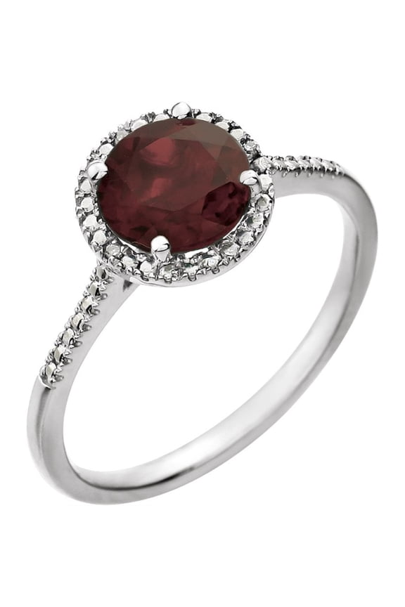 Fine Jewelry 925 Sterling Silver 7 mm Natural Mozambique Garnet and Diamond Ring for Women Size 7 (0.01ct, Color- H-I, Clarity- I1)