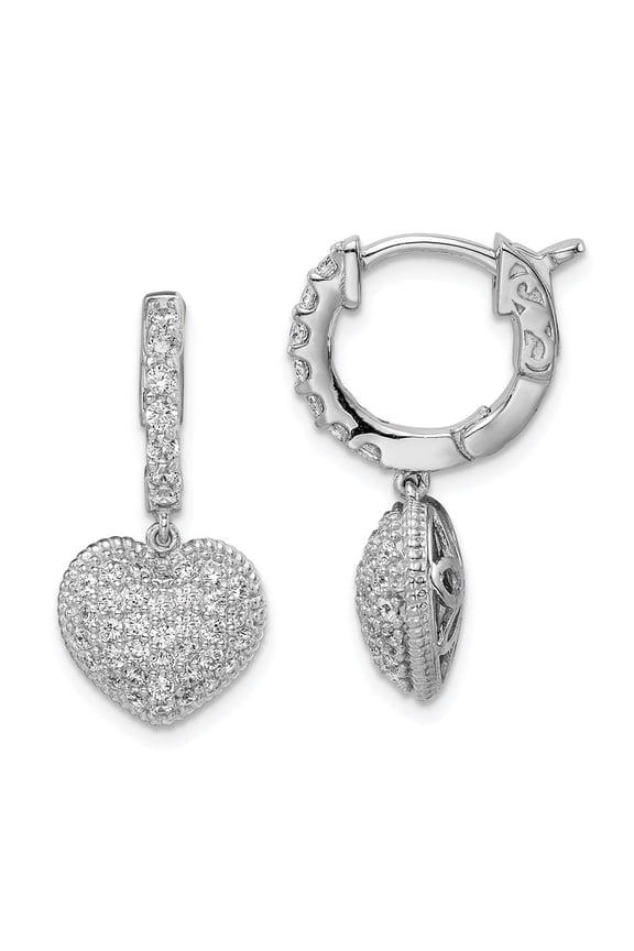 Fine Jewelry 925 Sterling Silver 86 Stone CZ Heart Dangle Hinged Hoop Earrings for Women