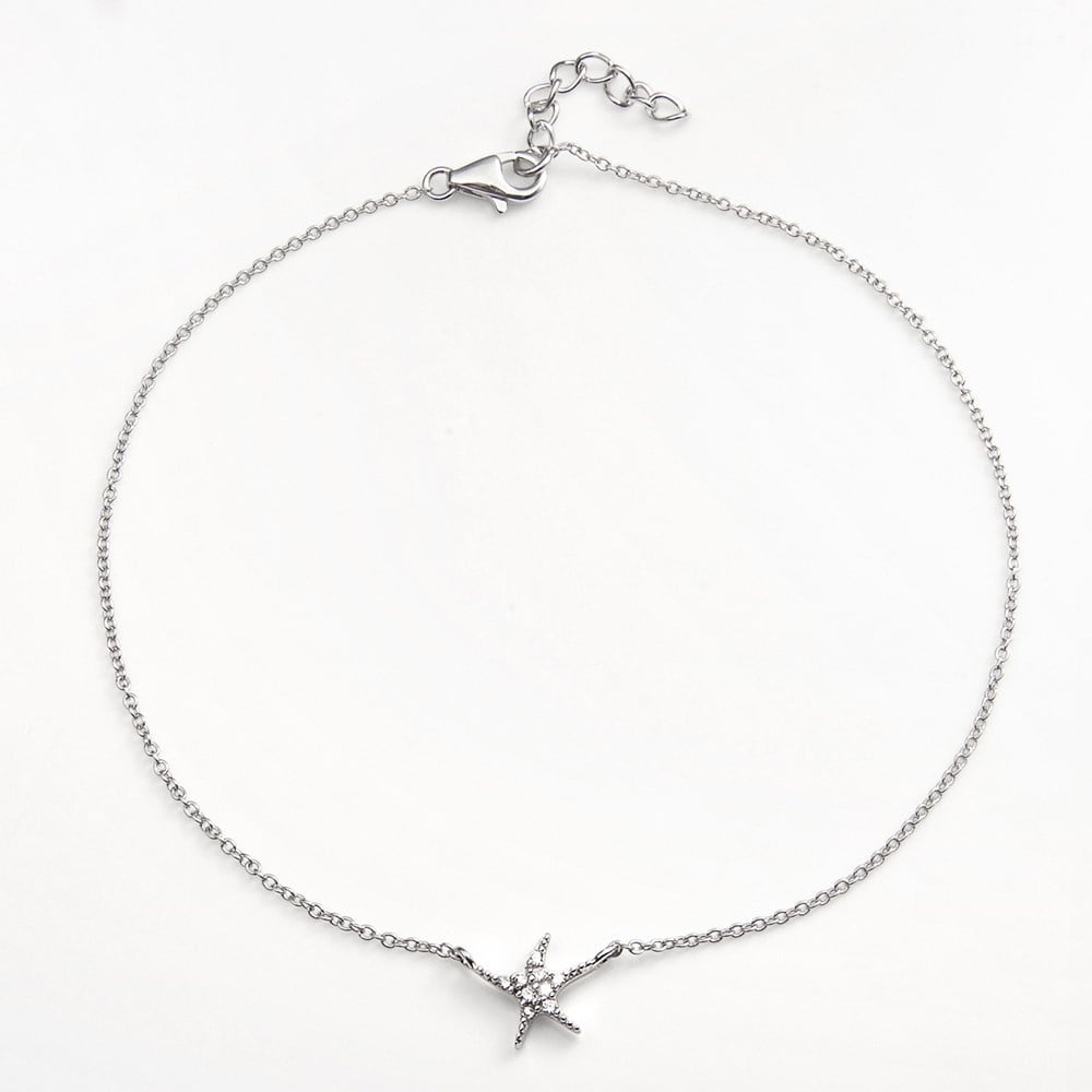 Auriga Fine Jewelry 925 Sterling Silver 9.5+1in w/ext. Rhodium-plated CZ Mini Starfish Anklet for Women