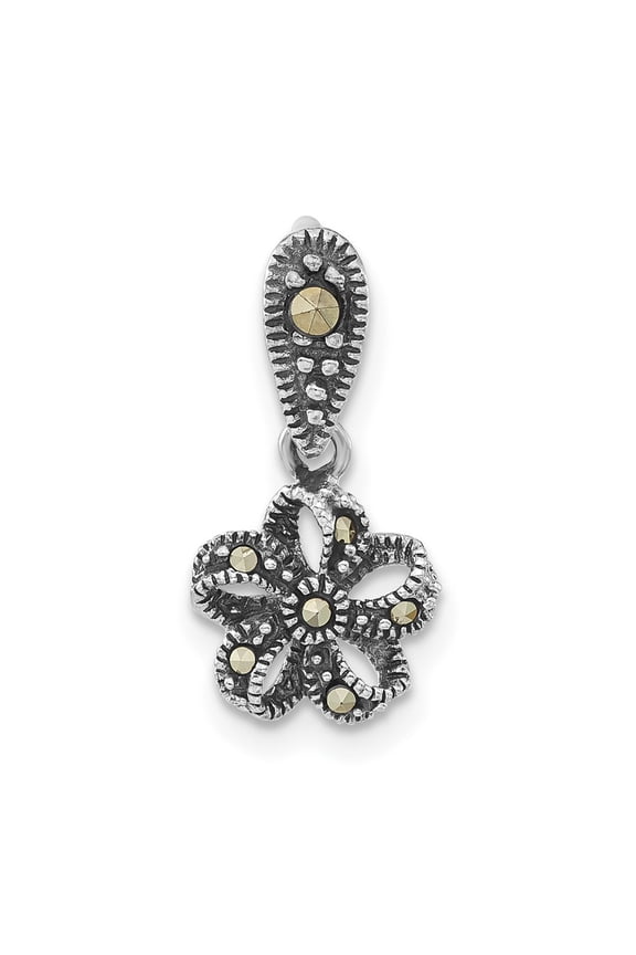 Fine Jewelry 925 Sterling Silver Antiqued Flower Marcasite Pendant for Women (L - 18.2mm, W- 9mm)