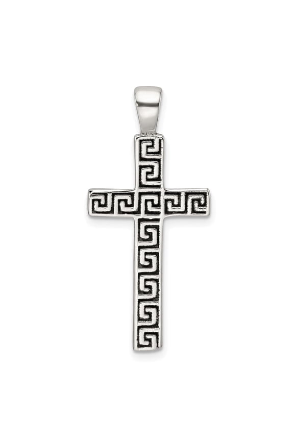Fine Jewelry 925 Sterling Silver Antiqued Greek Key Latin Cross Pendant for Women(L- 35.3mm, W- 16.5mm)