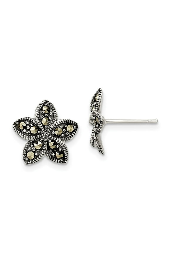 Mother's Day Gift 925 Sterling Silver Antiqued Marcasite Flower Post Stud Earrings for Women