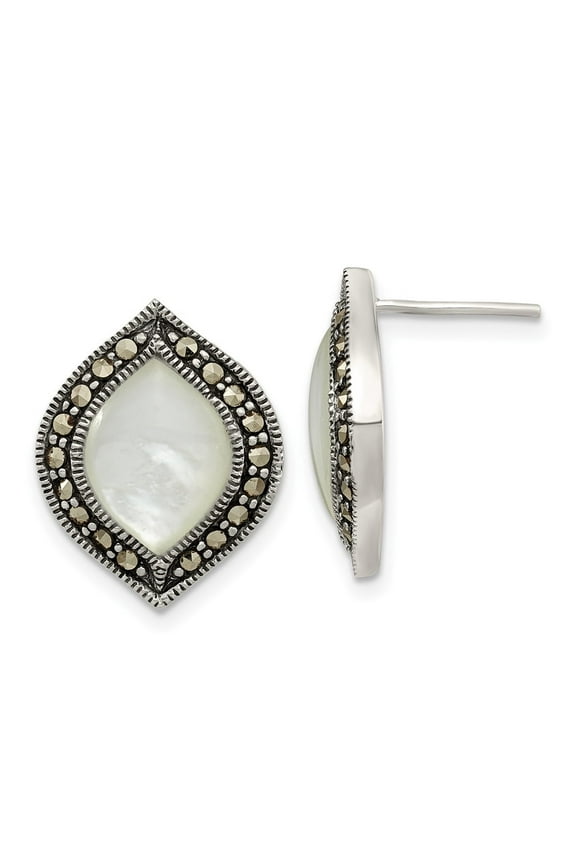 Mother's Day Gift 925 Sterling Silver Antiqued Marcasite & MOP Post Stud Earrings for Women