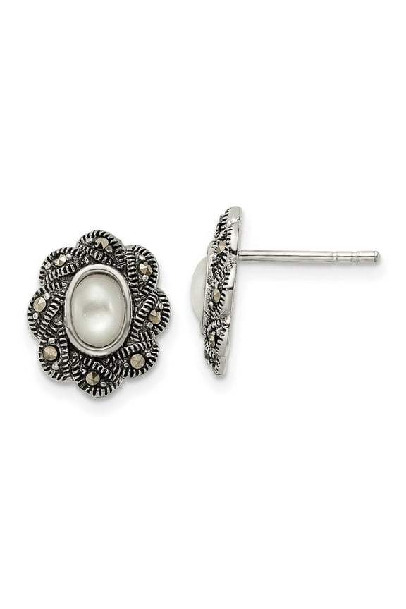 Mother's Day Gift 925 Sterling Silver Antiqued Marcasite & MOP Post Stud Earrings for Women